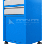Blue powder-coated hospital bedside locker with two grey drawers over a full-width cupboard door, grey top and four castors
