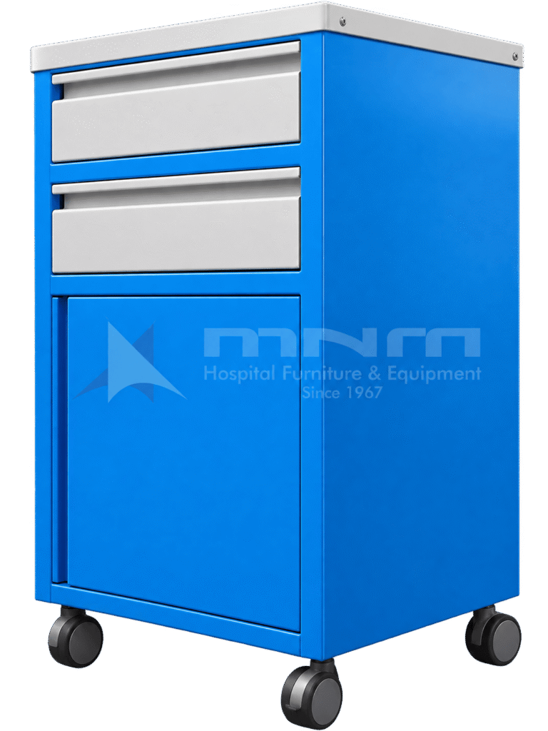 Blue powder-coated hospital bedside locker with two grey drawers over a full-width cupboard door, grey top and four castors
