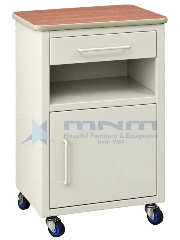 Cream powder-coated hospital bedside locker with wood-finish laminate top, one drawer, an open middle shelf, a hinged cupboard door and four castors