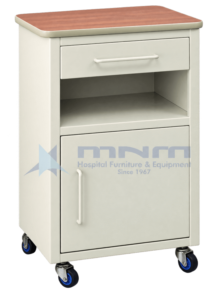 Cream powder-coated hospital bedside locker with wood-finish laminate top, one drawer, an open middle shelf, a hinged cupboard door and four castors