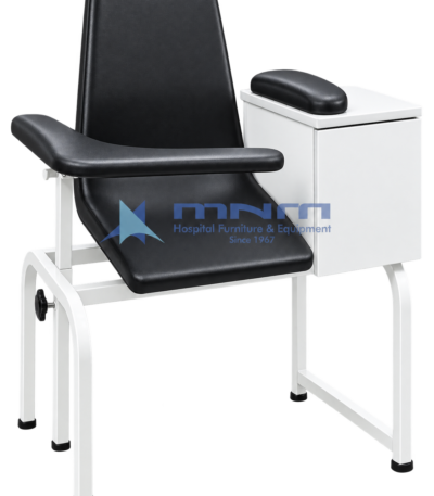 Blood drawing chair with black contoured upholstered seat, curved adjustable armrest, white enclosed side cabinet with padded arm pad and white steel frame