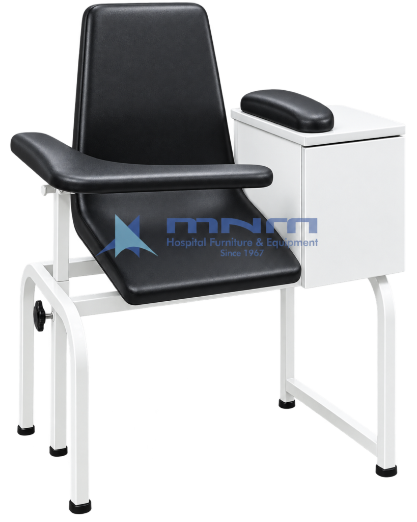 Blood drawing chair with black contoured upholstered seat, curved adjustable armrest, white enclosed side cabinet with padded arm pad and white steel frame