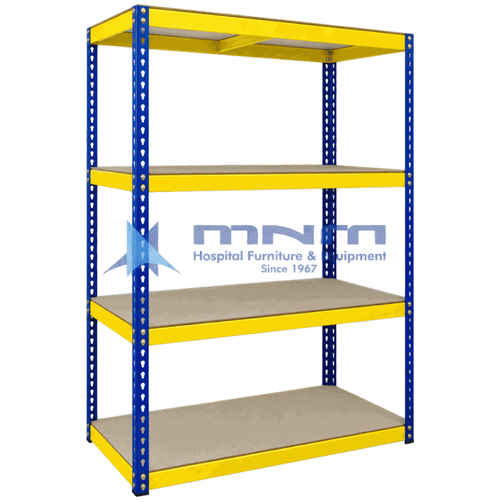 Boltless rivet shelving rack with blue teardrop slot uprights, yellow beams and four chipboard shelves