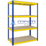 Boltless rivet shelving rack with blue teardrop slot uprights, yellow beams and four chipboard shelves