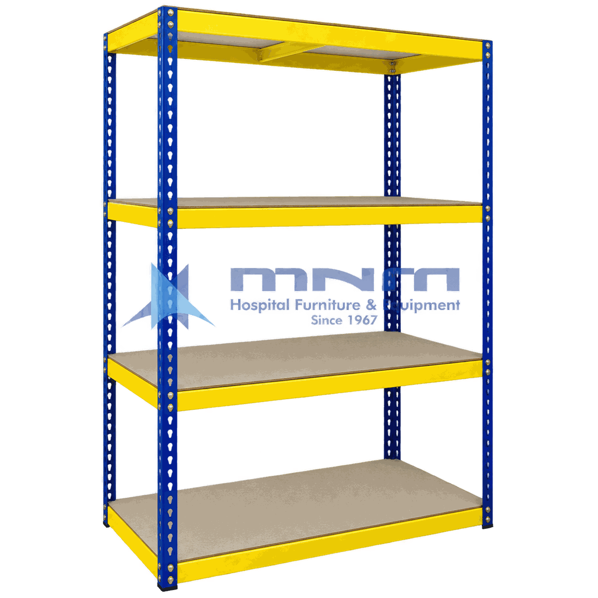 Boltless Rivet Shelving Rack with Chipboard Shelves, Blue and Yellow Boltless rivet shelving rack with blue teardrop slot uprights, yellow beams and four chipboard shelves