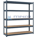 Grey boltless rivet shelving rack with teardrop slot uprights and five chipboard shelves