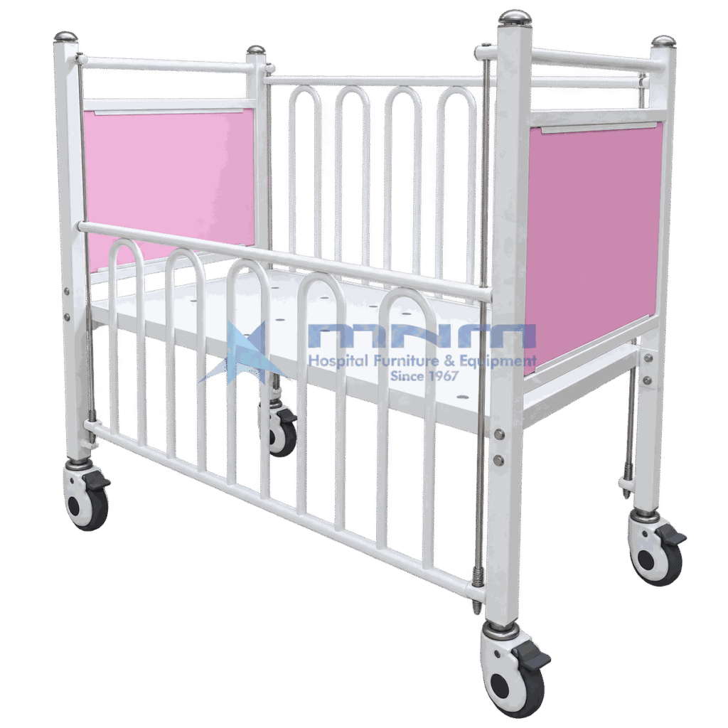 Paediatric hospital cot bed with white powder-coated frame, full-length drop side rails, pink head and foot panels and four braked castors