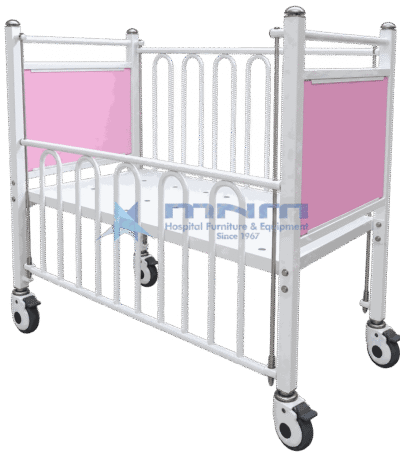 Paediatric hospital cot bed with white powder-coated frame, full-length drop side rails, pink head and foot panels and four braked castors