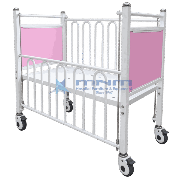 Paediatric hospital cot bed with white powder-coated frame, full-length drop side rails, pink head and foot panels and four braked castors