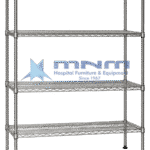 Chrome wire shelving rack with four open wire mesh shelves, round posts with split collar fixings and levelling feet