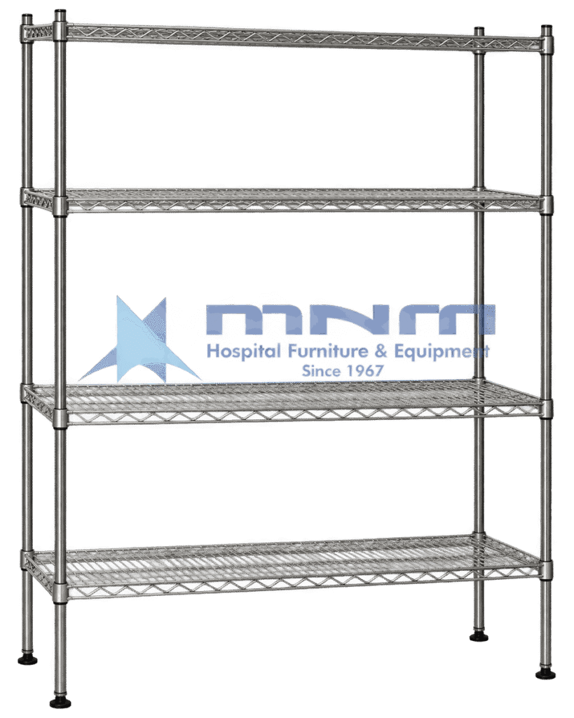 Chrome wire shelving rack with four open wire mesh shelves, round posts with split collar fixings and levelling feet