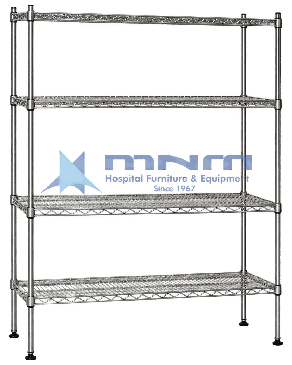Chrome Wire Shelving Rack 4 Tier with Levelling Feet Chrome wire shelving rack with four open wire mesh shelves, round posts with split collar fixings and levelling feet