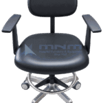 Clinical stool with black upholstered seat, padded backrest and two armrests, on a stainless steel five star base with castors and a chrome footring