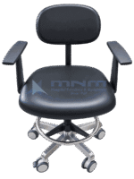 Clinical stool with black upholstered seat, padded backrest and two armrests, on a stainless steel five star base with castors and a chrome footring