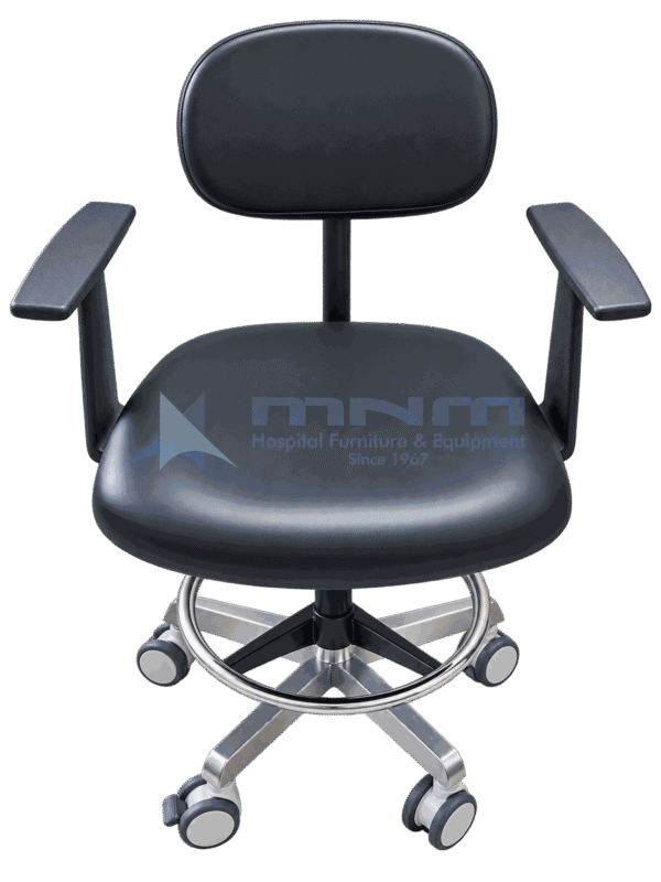Clinical stool with black upholstered seat, padded backrest and two armrests, on a stainless steel five star base with castors and a chrome footring