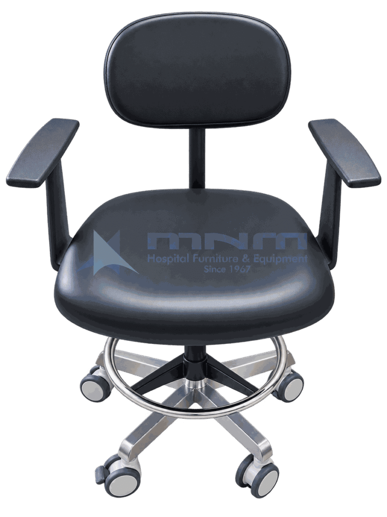Clinical stool with black upholstered seat, padded backrest and two armrests, on a stainless steel five star base with castors and a chrome footring