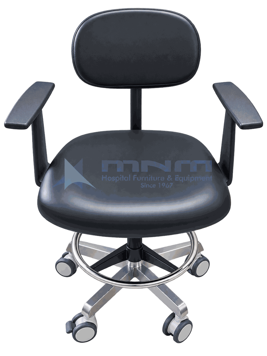 Clinical Stool with Backrest and Armrests on Five Star Base Clinical stool with black upholstered seat, padded backrest and two armrests, on a stainless steel five star base with castors and a chrome footring