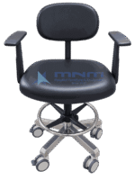 Clinical stool with backrest and armrests shown from a lower angle, showing the stainless steel five star castor base and footring