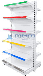 Double sided gondola rack with slatted back panel, shelves on both faces fitted with green, red, pink, yellow and blue price rails and a stainless steel kick plate