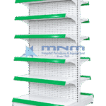 Double sided island gondola rack with perforated pegboard back panel, six shelves per side with green price rails and a base deck