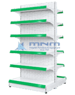 Double sided island gondola rack with perforated pegboard back panel, six shelves per side with green price rails and a base deck