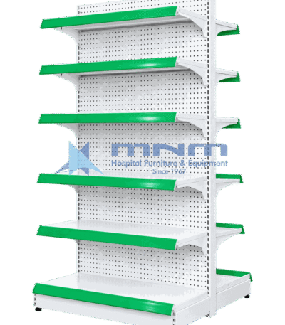 Double sided island gondola rack with perforated pegboard back panel, six shelves per side with green price rails and a base deck