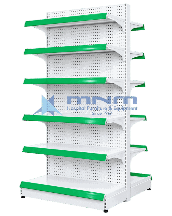 Double sided island gondola rack with perforated pegboard back panel, six shelves per side with green price rails and a base deck