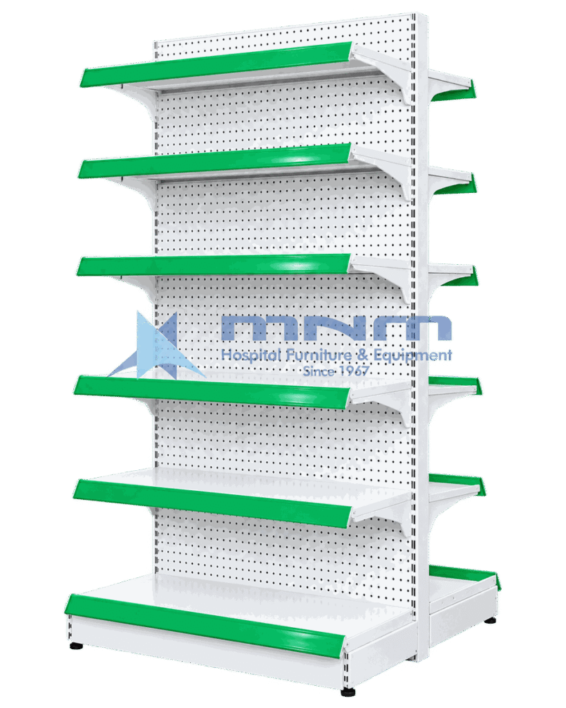 Double sided island gondola rack with perforated pegboard back panel, six shelves per side with green price rails and a base deck