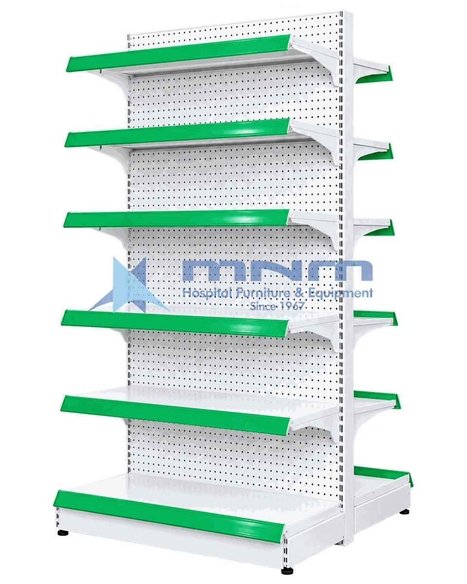 Double Sided Gondola Rack with Pegboard Back Panel Double sided island gondola rack with perforated pegboard back panel, six shelves per side with green price rails and a base deck