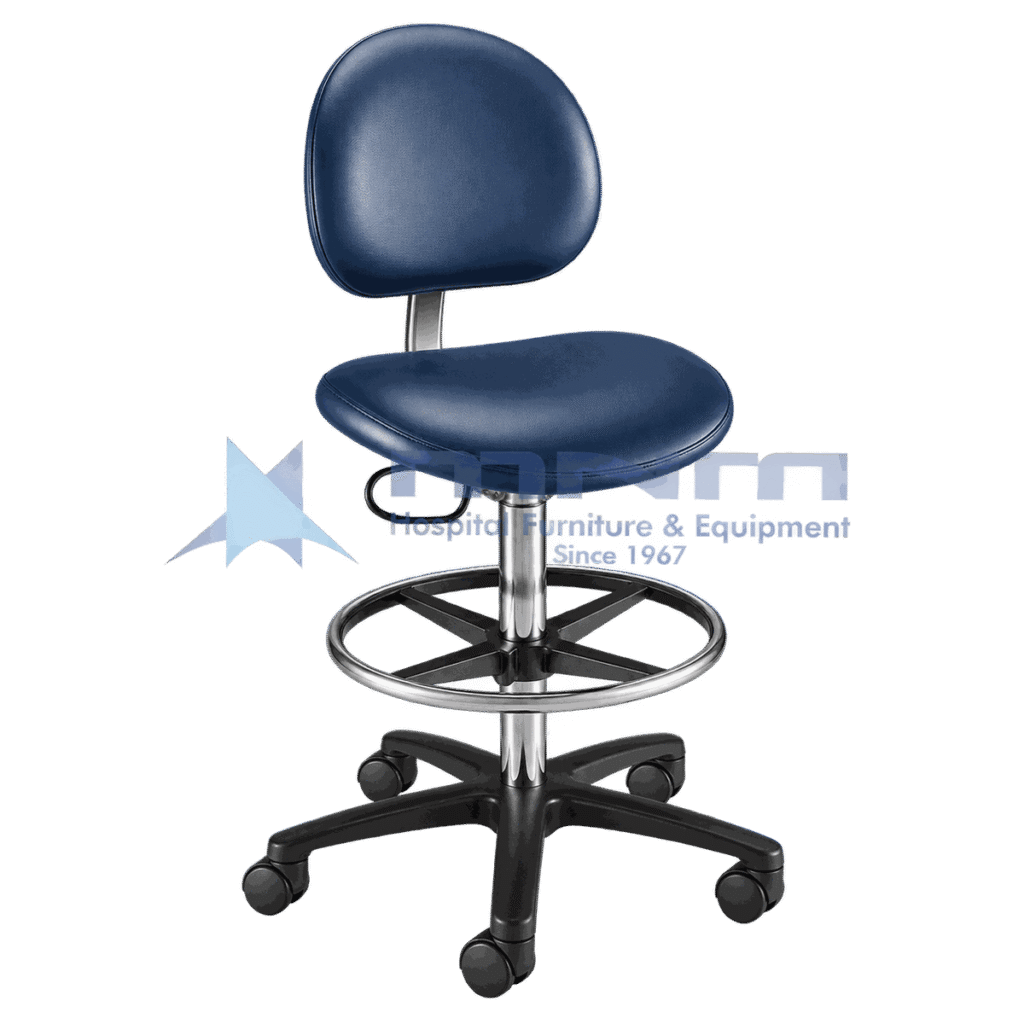 Tall draughtsman style clinical stool with navy blue contoured backrest, shaped seat, large chrome footring and a black five star castor base