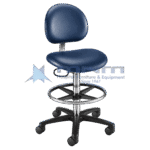 Tall draughtsman style clinical stool with navy blue contoured backrest, shaped seat, large chrome footring and a black five star castor base