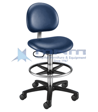 Tall draughtsman style clinical stool with navy blue contoured backrest, shaped seat, large chrome footring and a black five star castor base