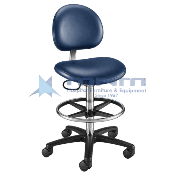 Tall draughtsman style clinical stool with navy blue contoured backrest, shaped seat, large chrome footring and a black five star castor base