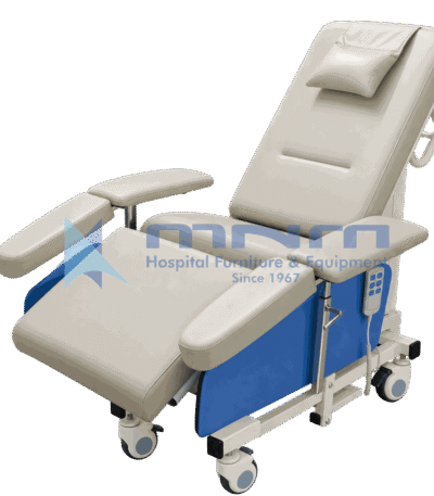 Electric dialysis recliner chair in cream upholstery with reclined backrest, head pillow, elevated legrest, wide padded arm supports both sides, corded hand control and castors with brakes