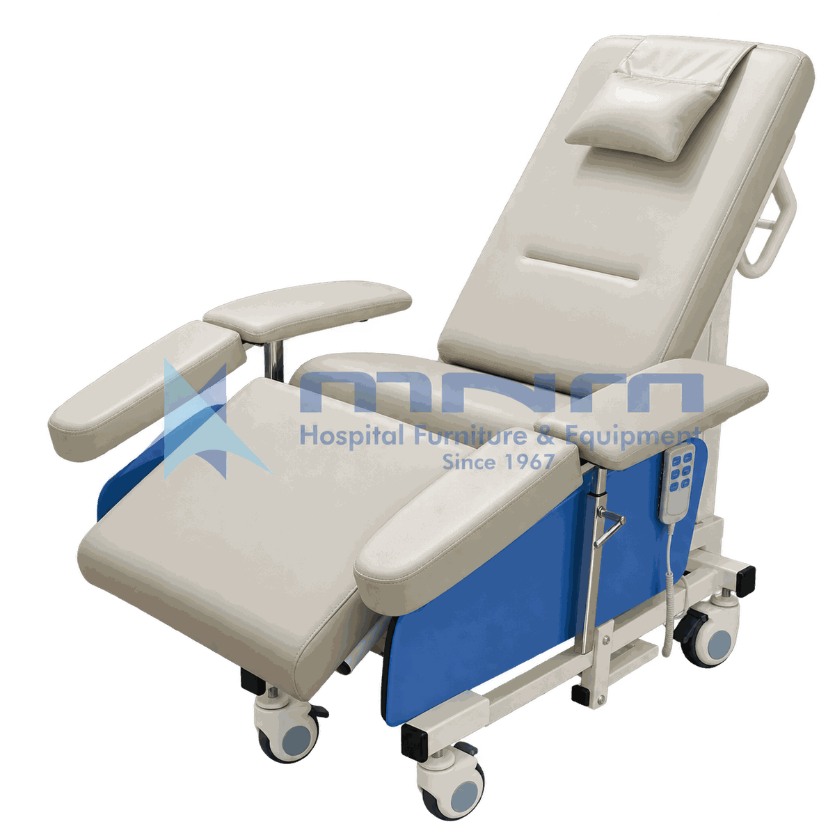Electric Dialysis Recliner Chair with Legrest and Arm Supports Electric dialysis recliner chair in cream upholstery with reclined backrest, head pillow, elevated legrest, wide padded arm supports both sides, corded hand control and castors with brakes