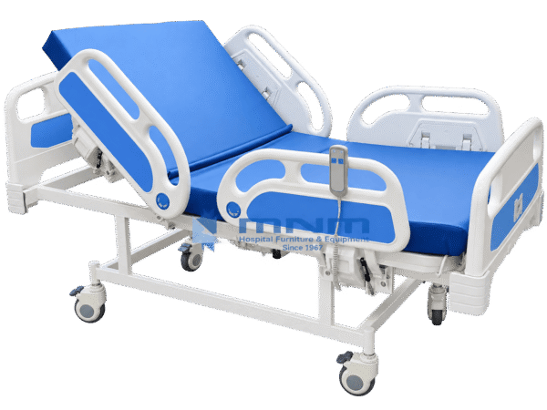 Electric semi Fowler hospital bed with backrest raised, blue sectional mattress, four white ABS side rails with blue panels, handheld remote control and castors with brakes