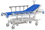 Side view of an emergency patient transfer trolley with the backrest raised, stainless steel side rails and IV pole fitted