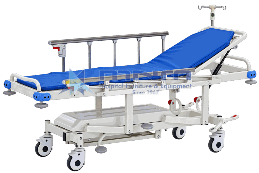 Emergency patient transfer trolley with gas-spring backrest raised, stainless steel side rails, IV pole, moulded under tray and central steering wheel