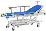 Emergency patient transfer trolley with gas-spring backrest raised, stainless steel side rails, IV pole, moulded under tray and central steering wheel