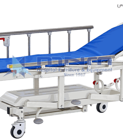 Emergency patient transfer trolley with gas-spring backrest raised, stainless steel side rails, IV pole, moulded under tray and central steering wheel