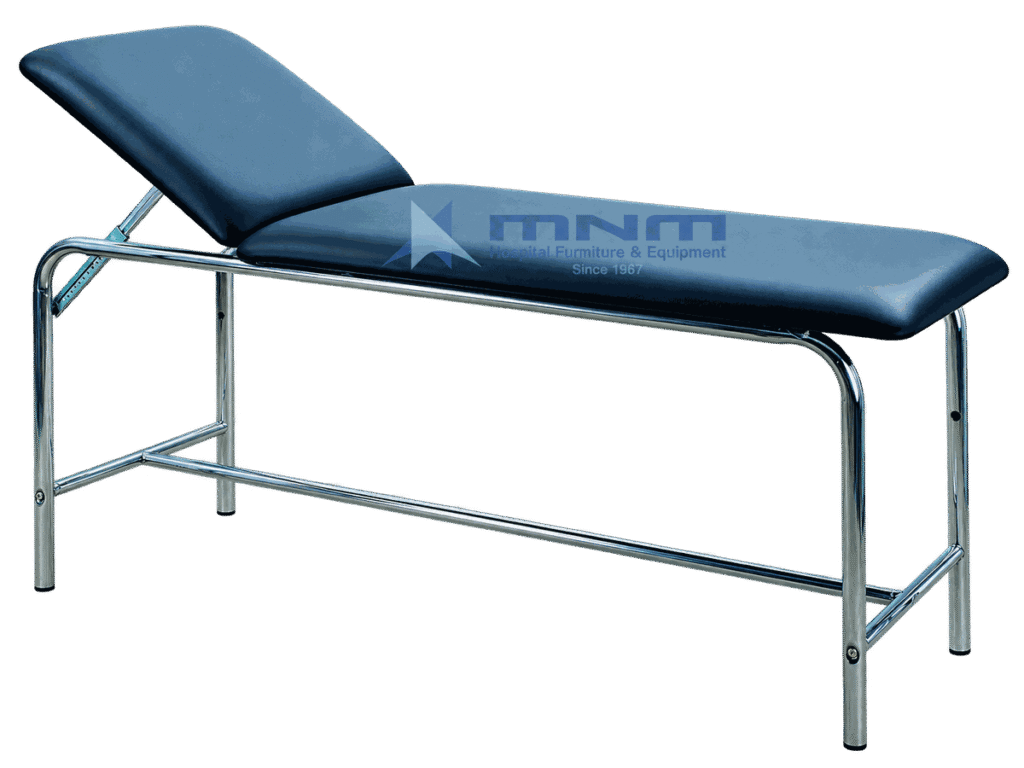 Examination couch with chrome plated round tube frame, cross bracing and navy upholstery with adjustable backrest