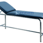 Examination couch with chrome plated round tube frame, cross bracing and navy upholstery with adjustable backrest