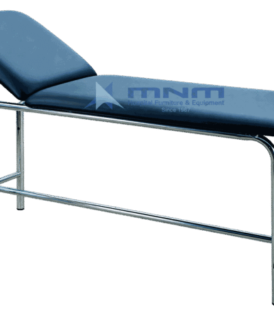 Examination couch with chrome plated round tube frame, cross bracing and navy upholstery with adjustable backrest