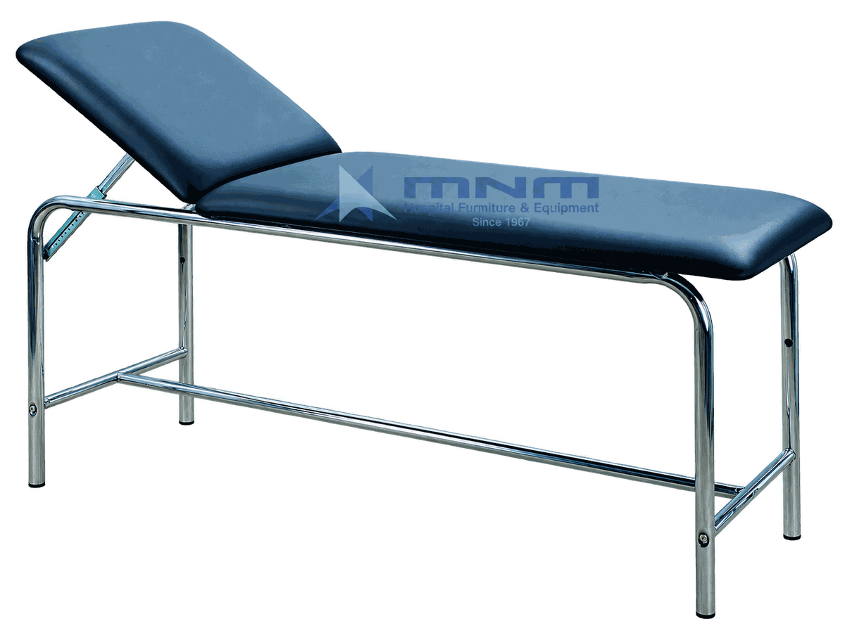 Examination Couch Chrome Plated Frame, Navy Upholstery Examination couch with chrome plated round tube frame, cross bracing and navy upholstery with adjustable backrest