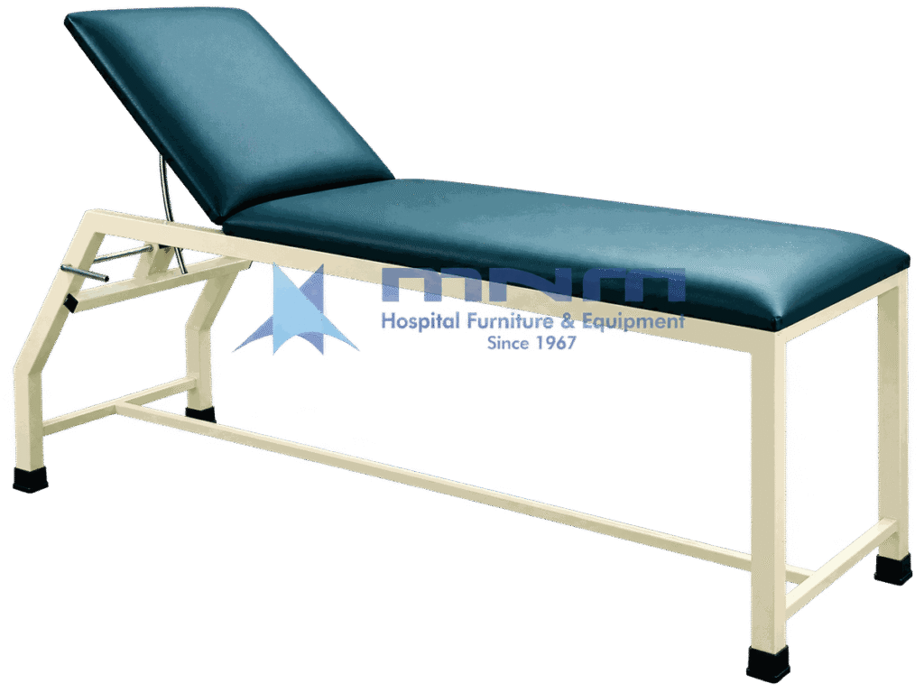 Examination couch with cream powder-coated square tube steel frame, teal upholstery and backrest raised on a ratchet