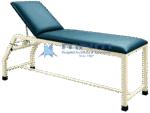 Examination couch with cream powder-coated square tube steel frame, teal upholstery and backrest raised on a ratchet