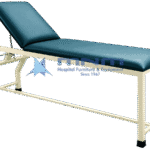 Examination couch with cream powder-coated square tube steel frame, teal upholstery and backrest raised on a ratchet