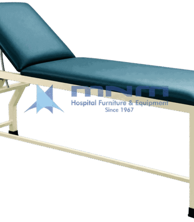 Examination couch with cream powder-coated square tube steel frame, teal upholstery and backrest raised on a ratchet
