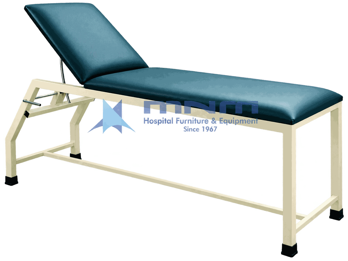 Examination Couch Powder Coated Steel Frame with Adjustable Backrest Examination couch with cream powder-coated square tube steel frame, teal upholstery and backrest raised on a ratchet