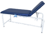 Examination couch with white round tube powder-coated steel frame, navy upholstery and adjustable backrest